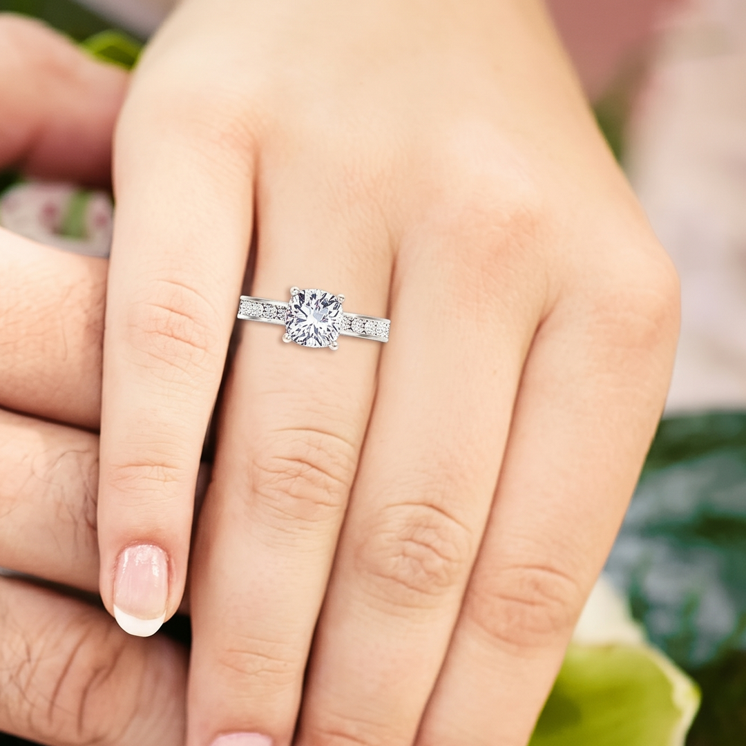 Cushion Cut Lab Grown Diamond Engagement Ring With Channel Band