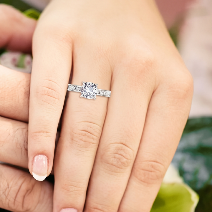 Cushion Cut Lab Grown Diamond Engagement Ring With Channel Band
