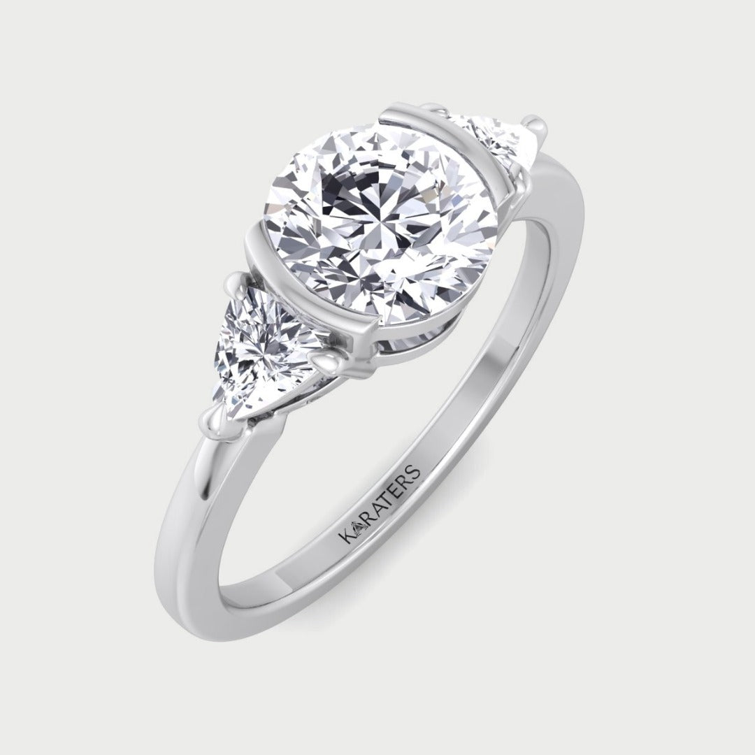 Half Bezel Round Shape Lab-Grown Diamond Engagement Ring with Trillion Sidestones