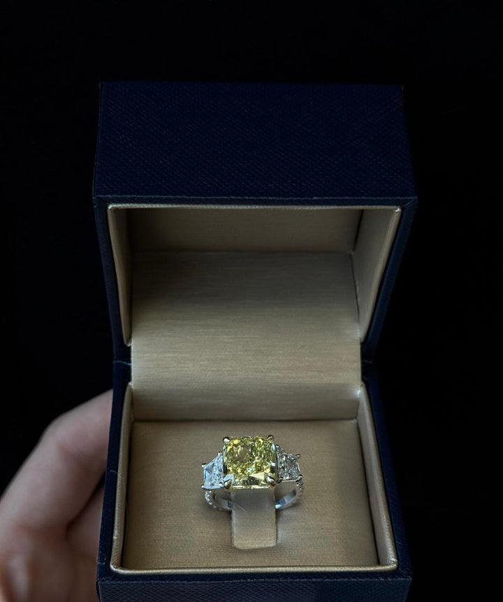 Fancy Yellow Radiant Cut Lab-Grown Diamond Engagement Ring with Pave Sidestones