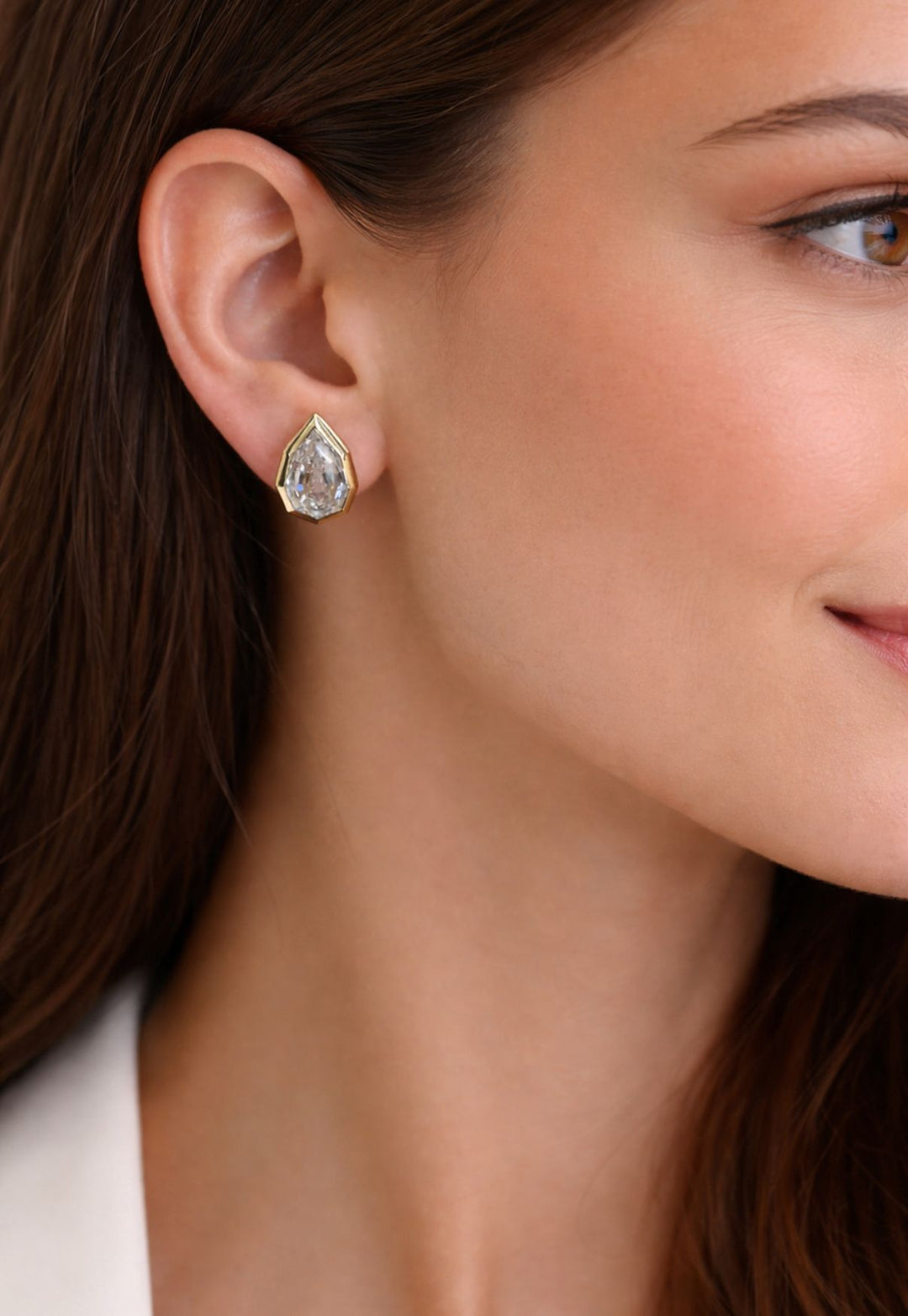 Pear-Shaped Lab Grown Diamond Studs in a Geometric-Style Bezel Setting