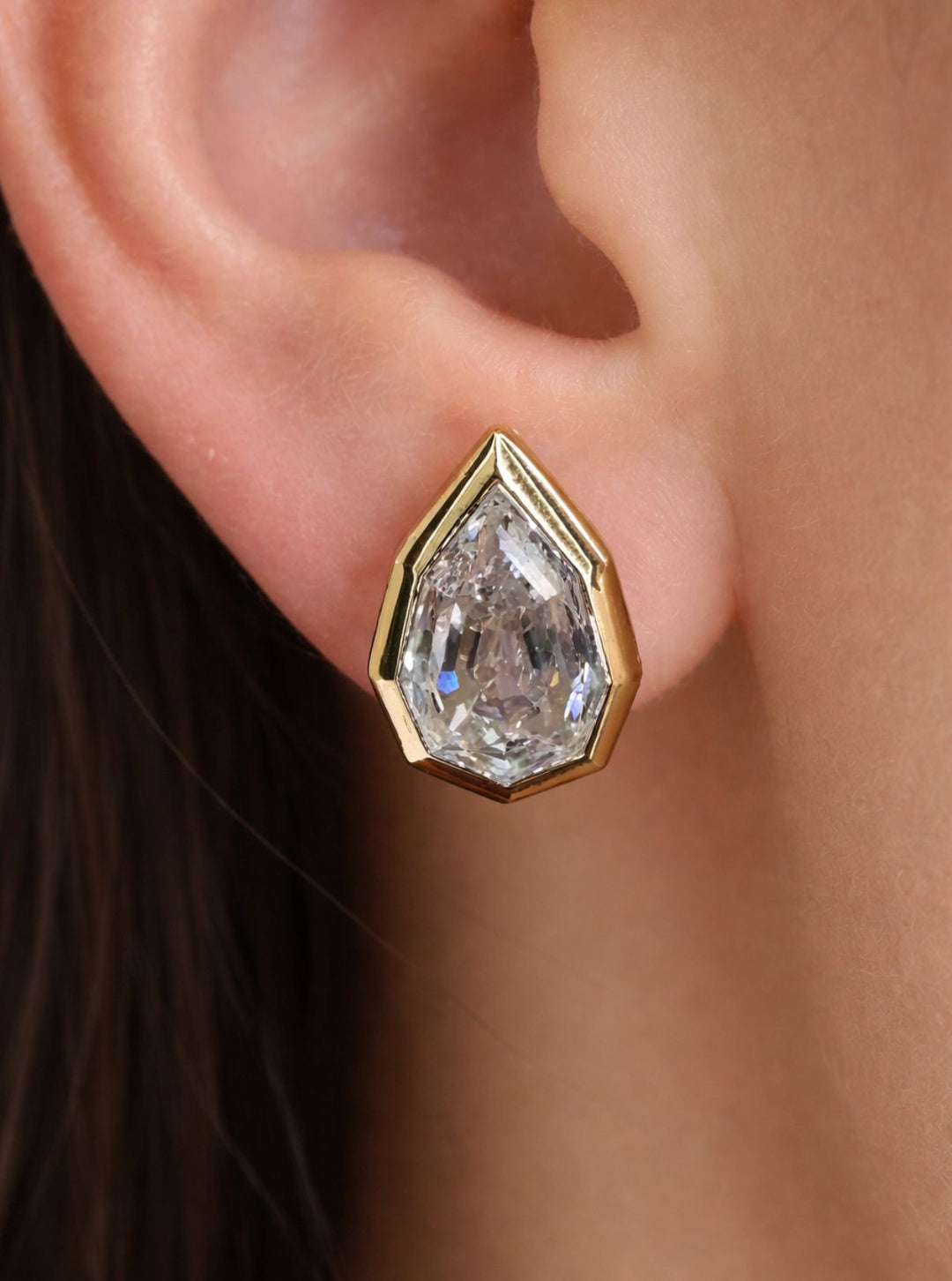 Pear-Shaped Lab Grown Diamond Studs in a Geometric-Style Bezel Setting