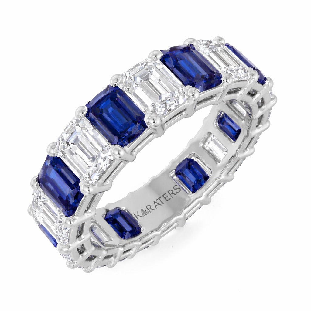 Alternating Emerald Shape Lab Grown Blue Sapphire and Diamonds Eternity Band White Gold 18K