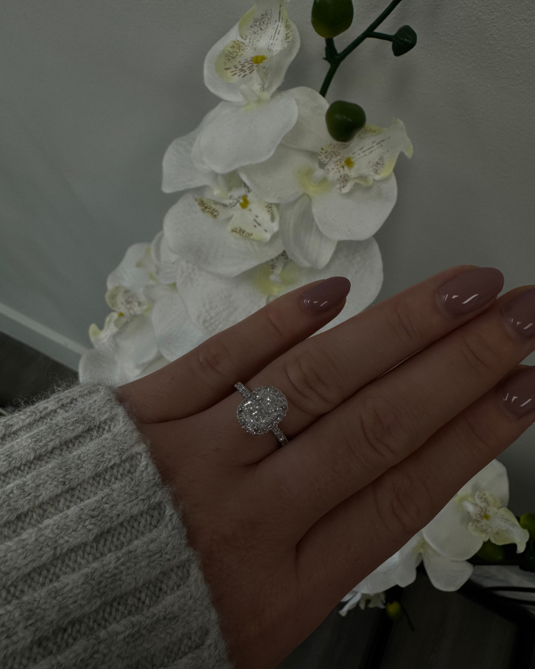 Elongated Cushion Shape Lab Grown Diamond Halo Engagement Ring with Round Sidestones