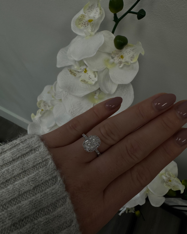 Elongated Cushion Shape Lab Grown Diamond Halo Engagement Ring with Round Sidestones