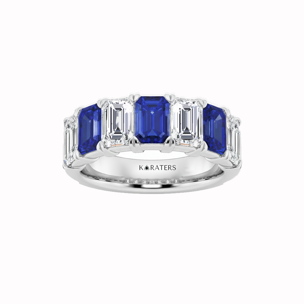 White Gold Emerald Cut Lab Grown Blue Sapphire and Diamonds Eternity Band Front View