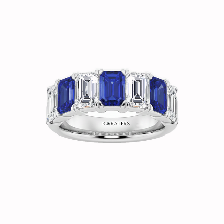 White Gold Emerald Cut Lab Grown Blue Sapphire and Diamonds Eternity Band Front View
