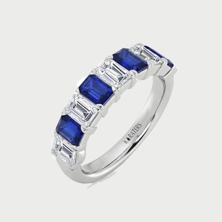 White Gold Emerald Cut Lab Grown Blue Sapphire and Diamonds Eternity Band Side View