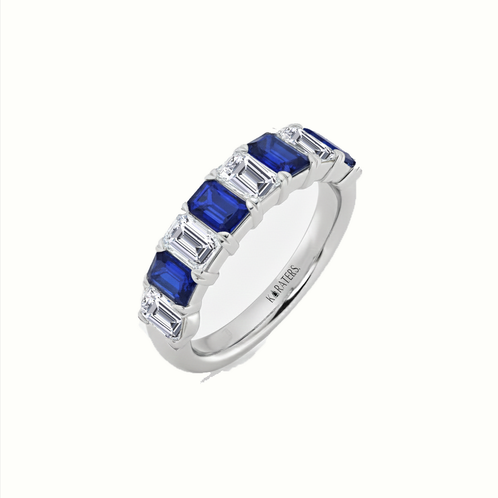 White Gold Emerald Cut Lab Grown Blue Sapphire and Diamonds Eternity Band Side View2