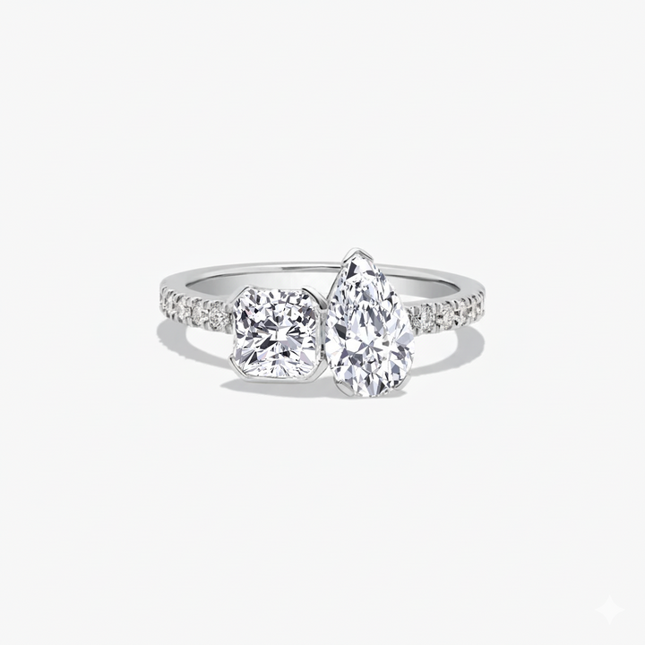 White Gold Cushion & Pear Shape Lab Grown Diamond Engagement Ring front view
