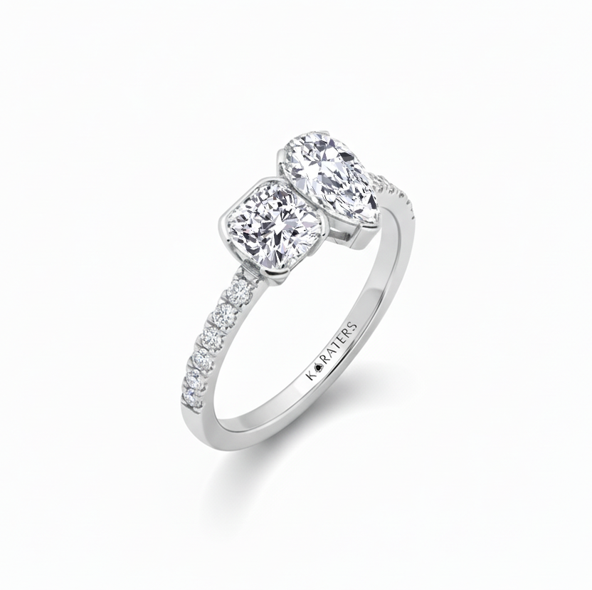 White Gold Cushion & Pear Shape Lab Grown Diamond Engagement Ring side view2