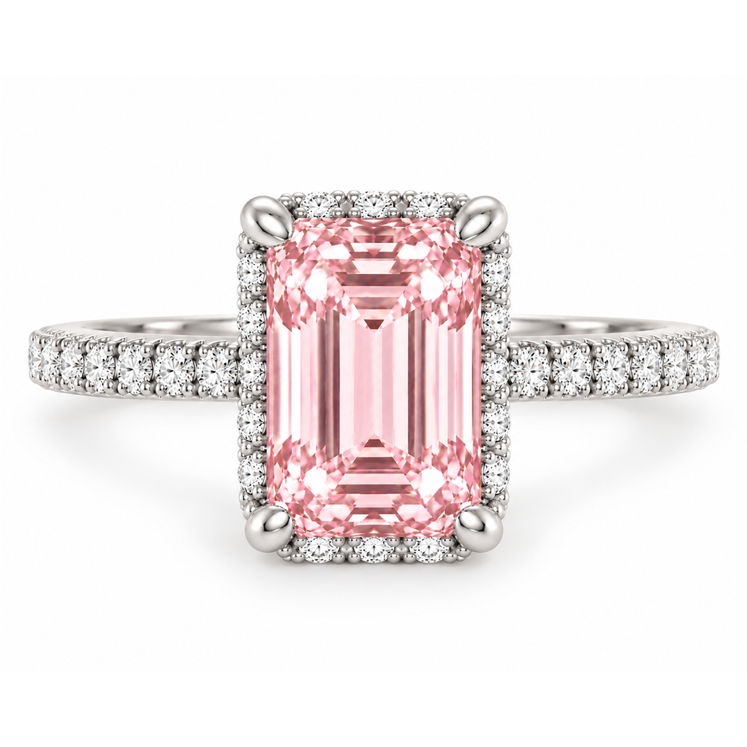 Fancy Pink Emerald Shape Lab-Grown Diamond Halo Pave Engagement Ring white 2