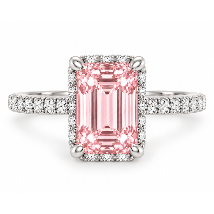 Fancy Pink Emerald Shape Lab-Grown Diamond Halo Pave Engagement Ring white 2