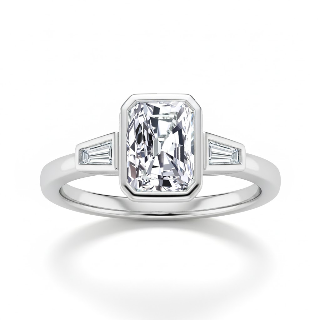 White Gold Radiant Cut Bezel Setting Lab Grown  Engagement Ring front view