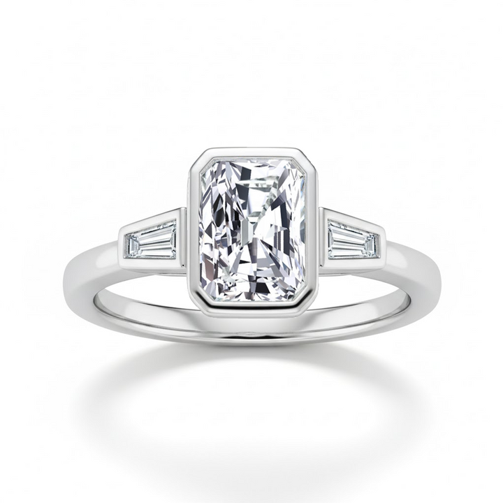 White Gold Radiant Cut Bezel Setting Lab Grown  Engagement Ring front view