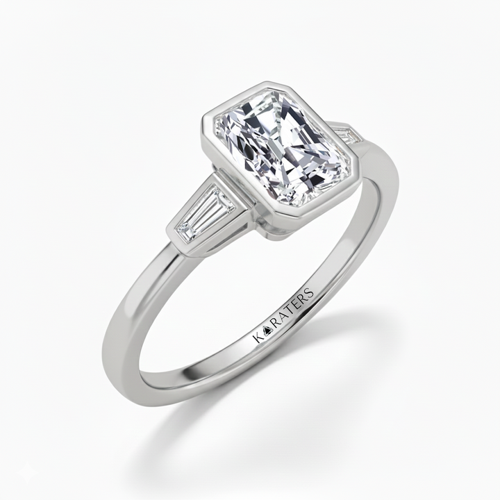 White Gold Radiant Cut Bezel Setting Lab Grown  Engagement Ring side view2