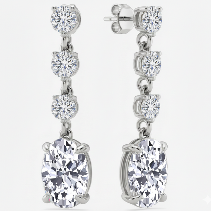 Oval and Round Shape Lab Grown Diamond Drop Earrings White Gold 18K