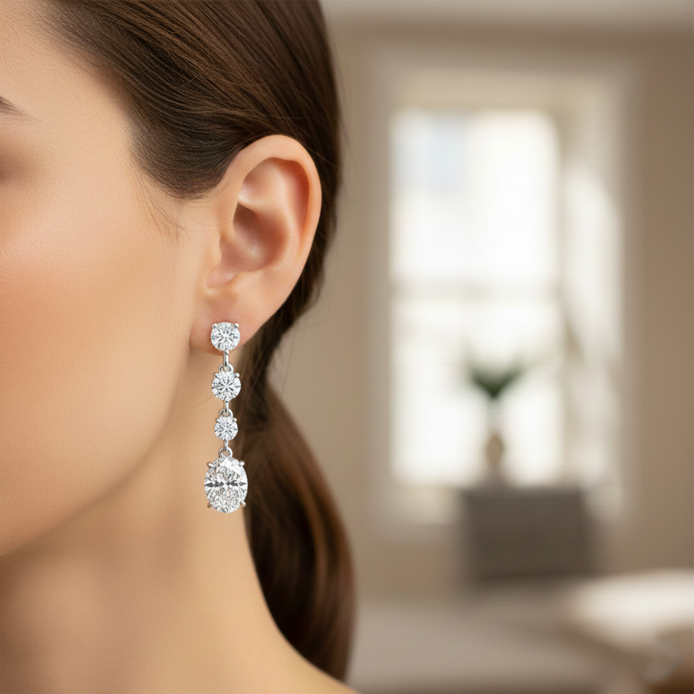 Oval and Round Shape Lab Grown Diamond Drop Earrings White Gold