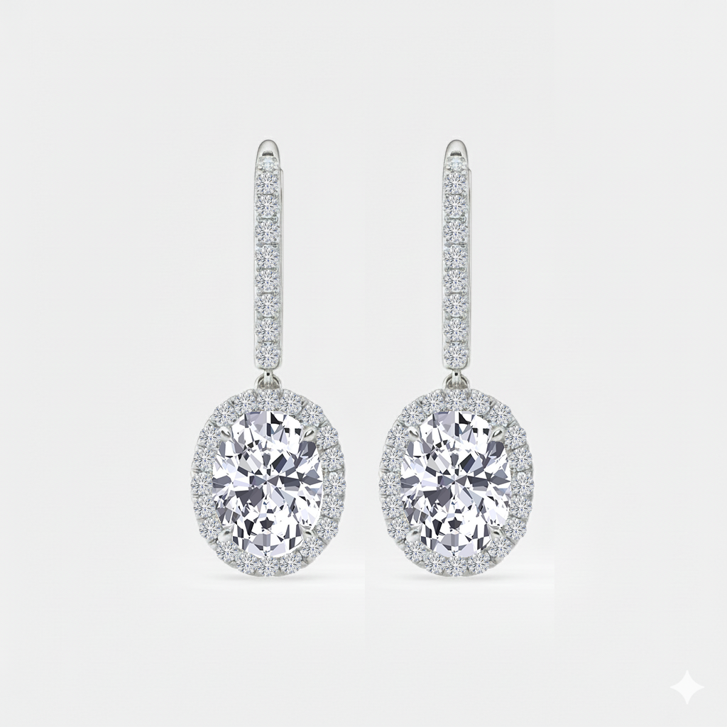 Oval Shape Lab Grown Diamond Halo Drop Earrings front view white gold