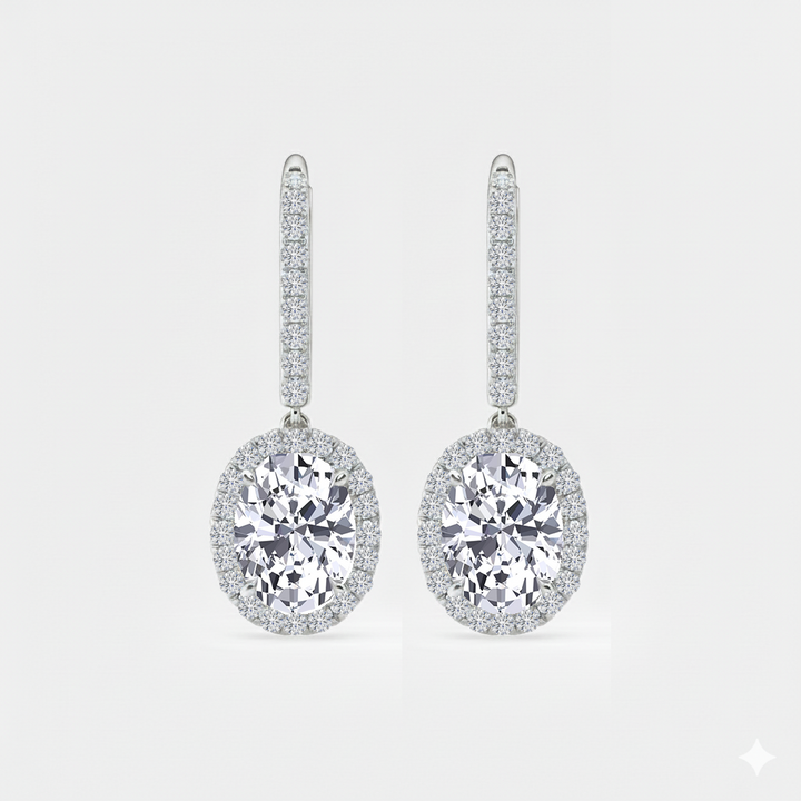 Oval Shape Lab Grown Diamond Halo Drop Earrings front view white gold