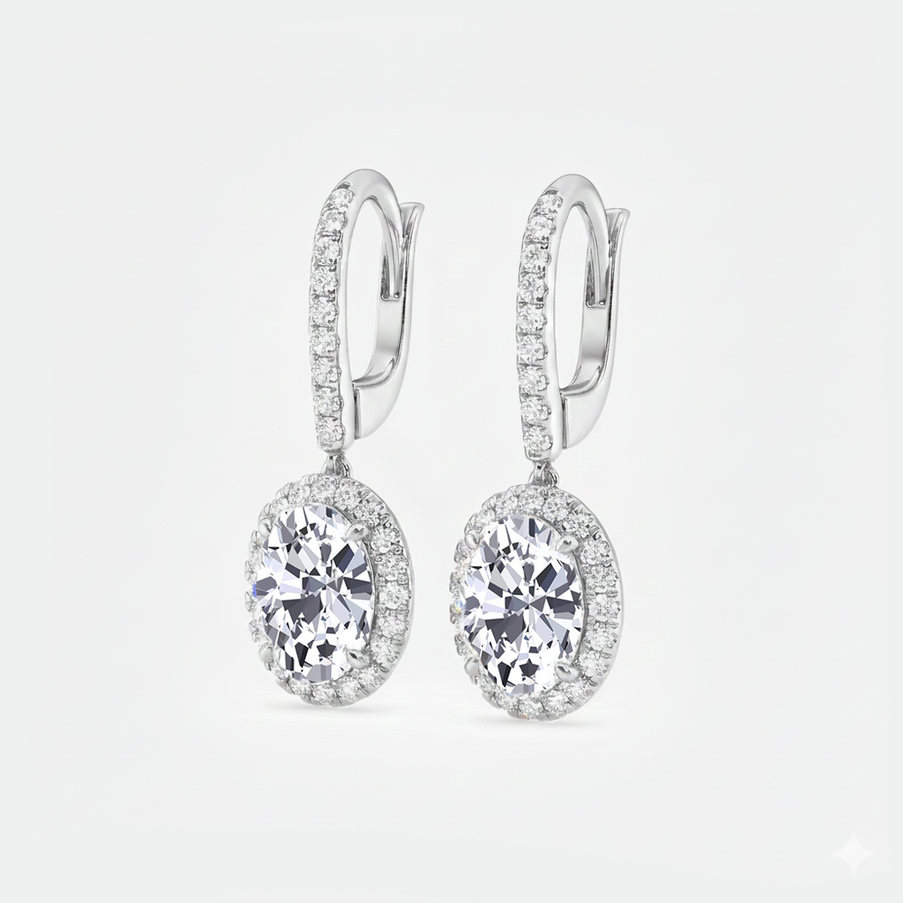 Oval Shape Lab Grown Diamond Halo Drop Earrings side view white gold