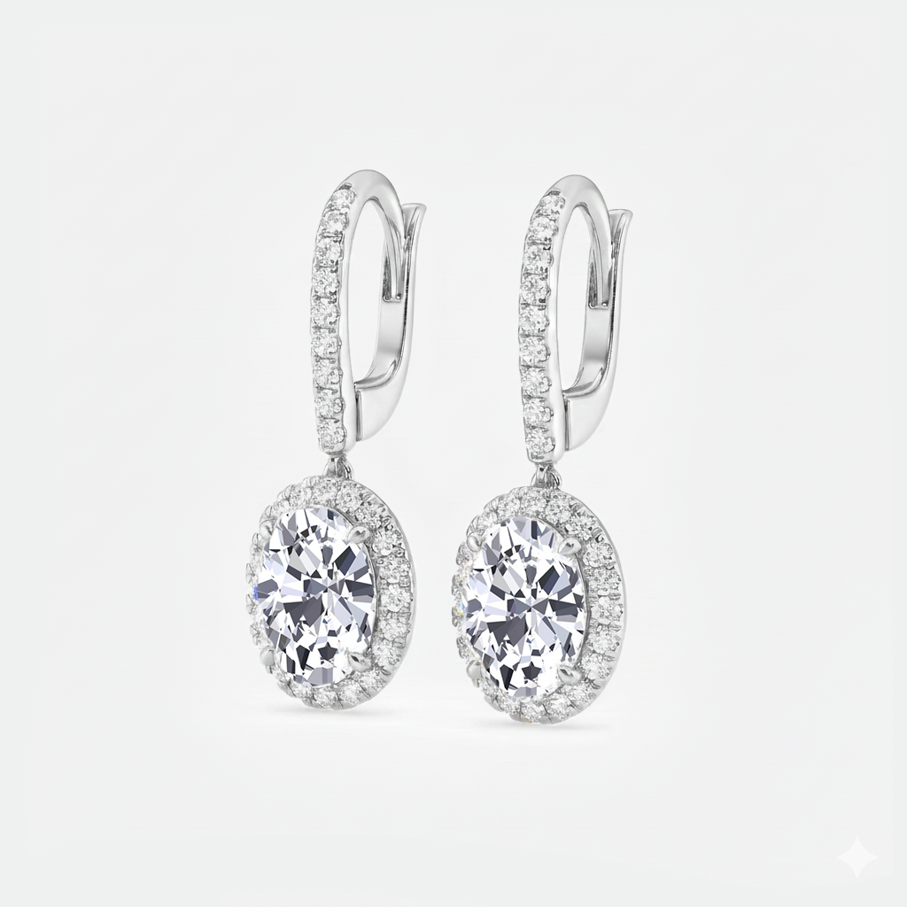 Oval Shape Lab Grown Diamond Halo Drop Earrings side view white gold