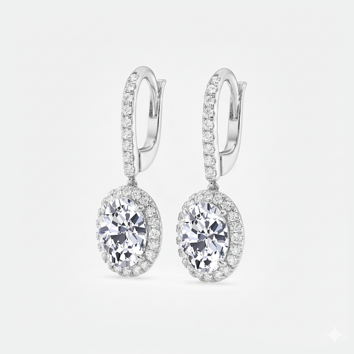 Oval Shape Lab Grown Diamond Halo Drop Earrings side view white gold