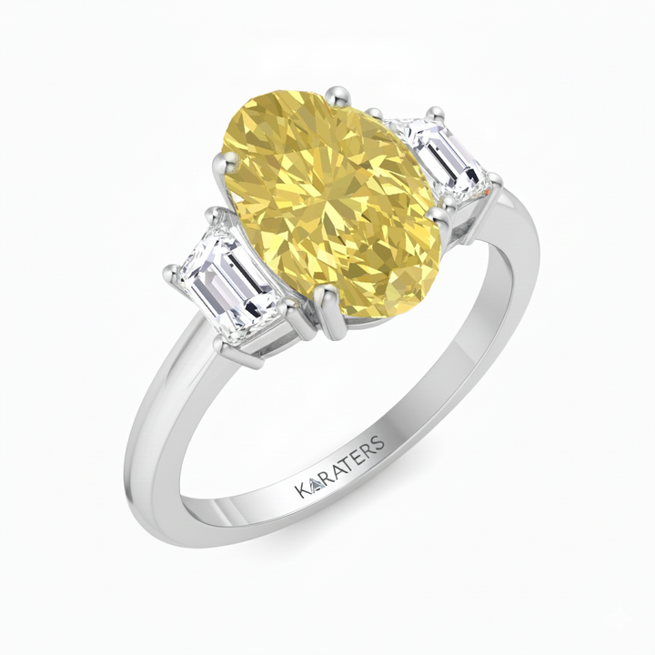 Yellow Oval Lab Grown Diamond with Trapizoid Side Stone Engagement Ring 2