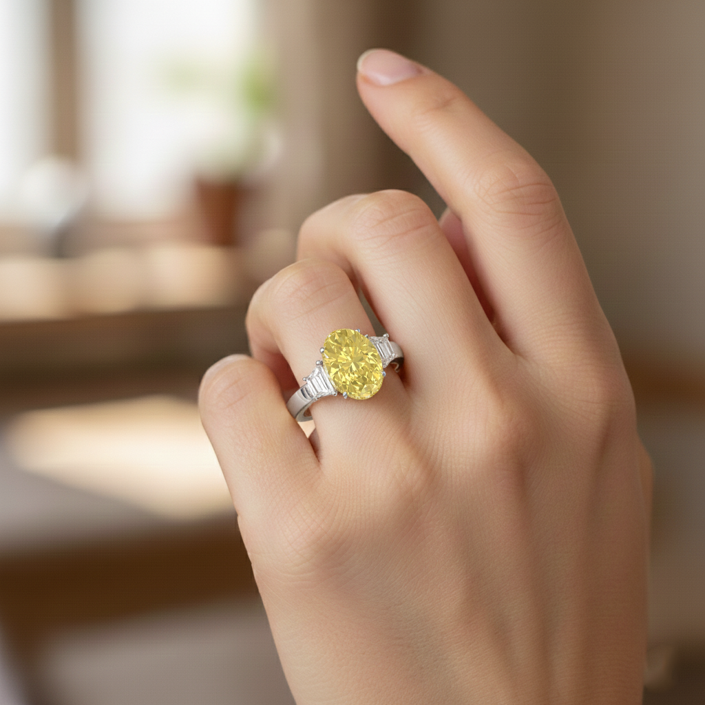 Yellow Oval Lab Grown Diamond with Trapizoid Side Stone Engagement Ring White Gold lifestyle