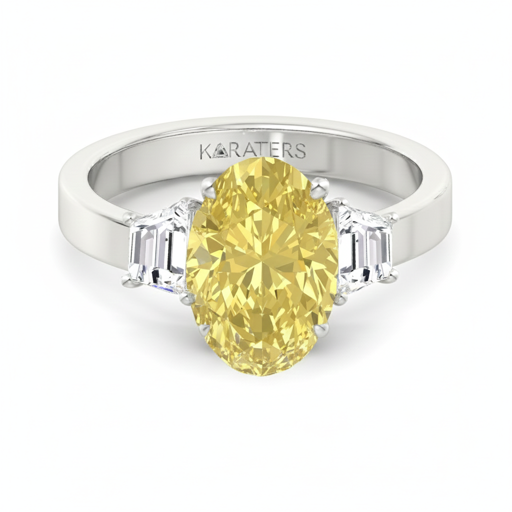 Yellow Oval Lab Grown Diamond with Trapizoid Side Stone Engagement Ring White Gold  fron view