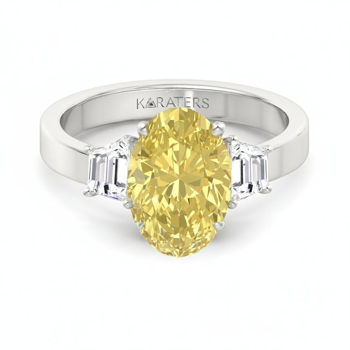Yellow Oval Lab Grown Diamond with Trapizoid Side Stone Engagement Ring White Gold  fron view