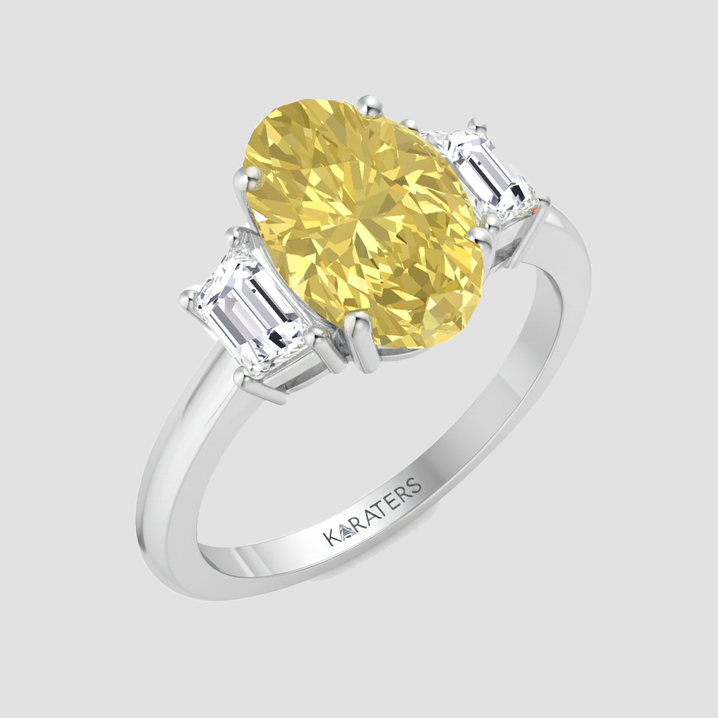 Yellow Oval Lab Grown Diamond with Trapizoid Side Stone Engagement Ring