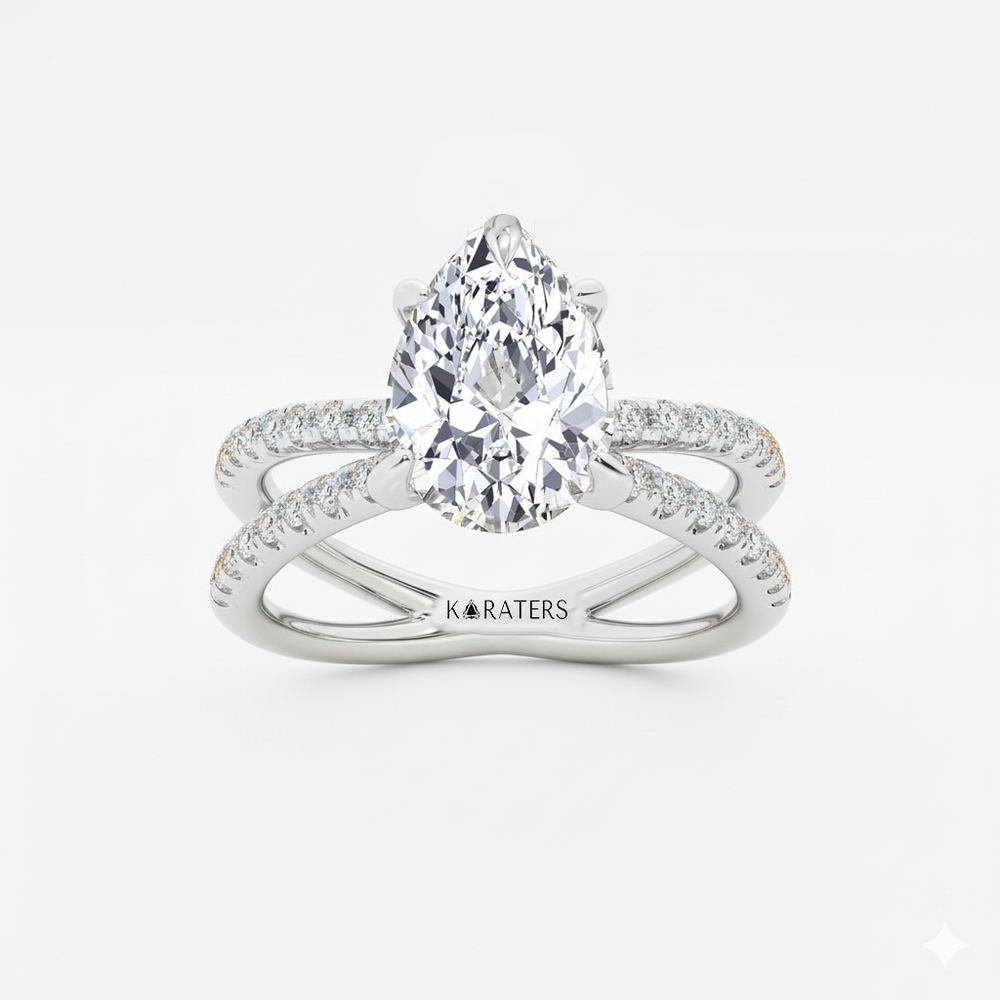Pear Shape Lab Grown Diamond Engagement Ring with Double BAND SideStones white gold top view