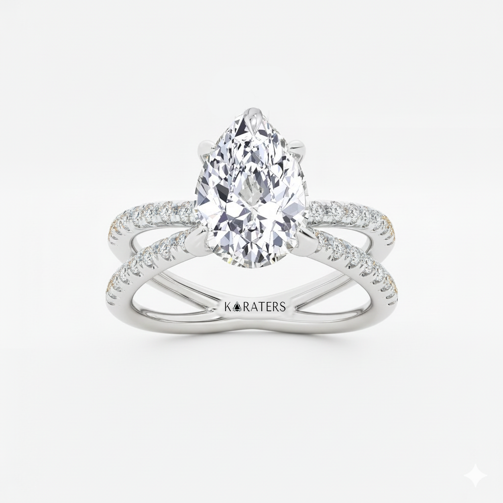 Pear Shape Lab Grown Diamond Engagement Ring with Double BAND SideStones white gold top view