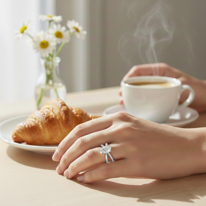 Pear Shape Lab Grown Diamond Engagement Ring with Double BAND SideStones white gold lifestyle