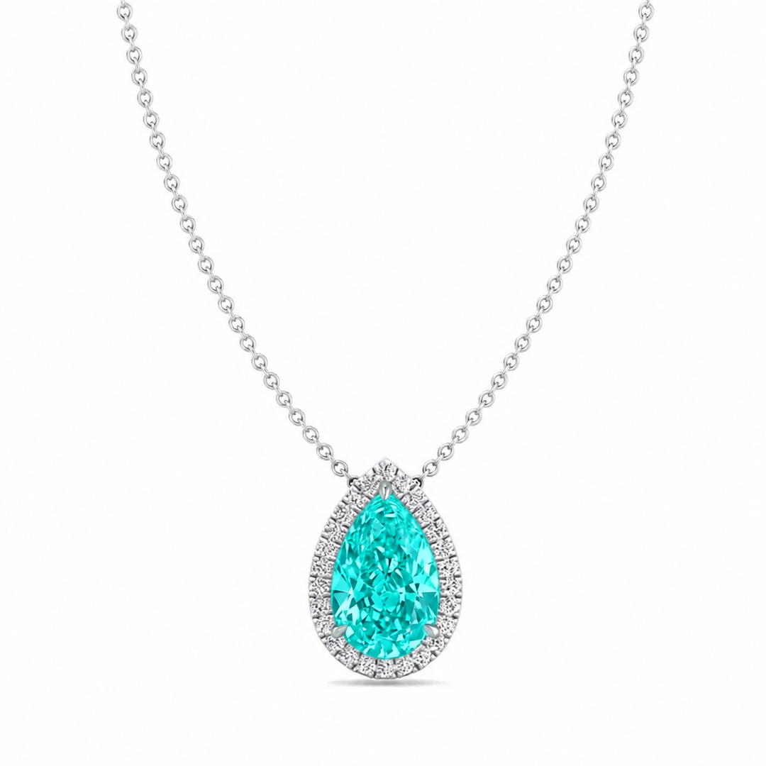 Pear Shape Halo Paraiba Tourmaline Lab Grown Diamond Pendant White