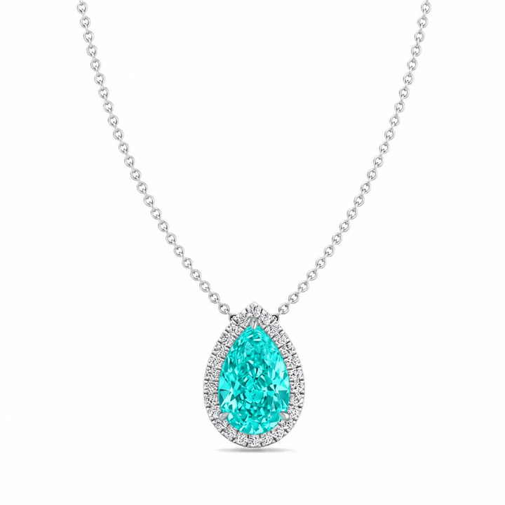 Pear Shape Halo Paraiba Tourmaline Lab Grown Diamond Pendant White