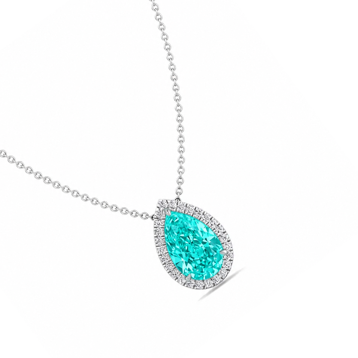 Pear Shape Halo Paraiba Tourmaline Lab Grown Diamond Pendant white 2