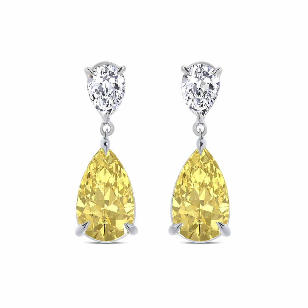 Fancy Yellow Pear Shape Lab Grown Diamond Drop Earrings White Gold 14K