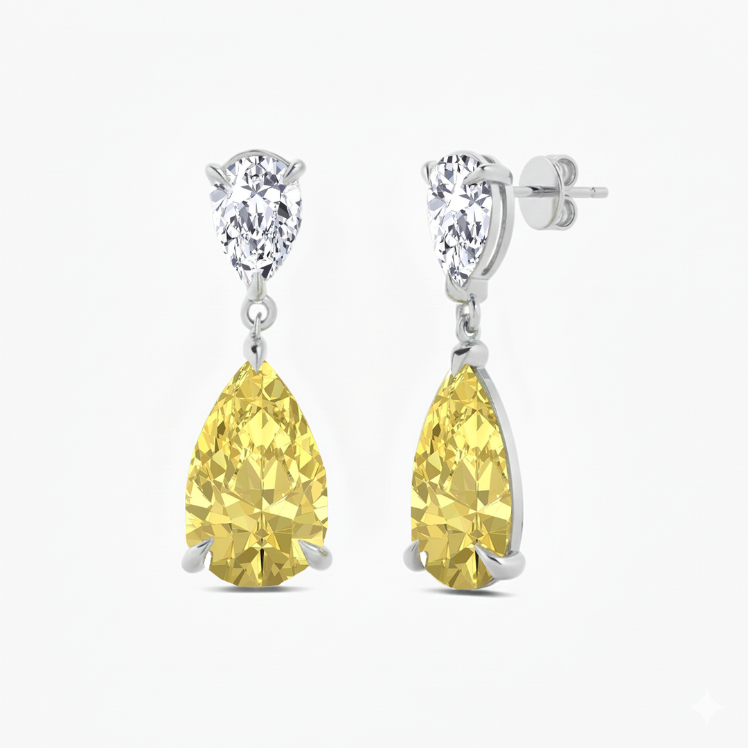 Fancy Yellow Pear Shape Lab Grown Diamond Drop Earrings White Gold 18K