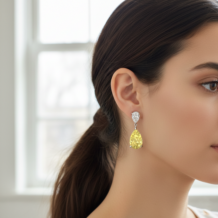 Fancy Yellow Pear Shape Lab Grown Diamond Drop Earrings White Gold
