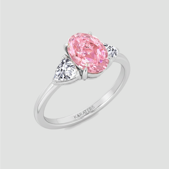 Fancy Pink Oval Shape Lab Grown Diamond Three Stone Engagement Ring WG