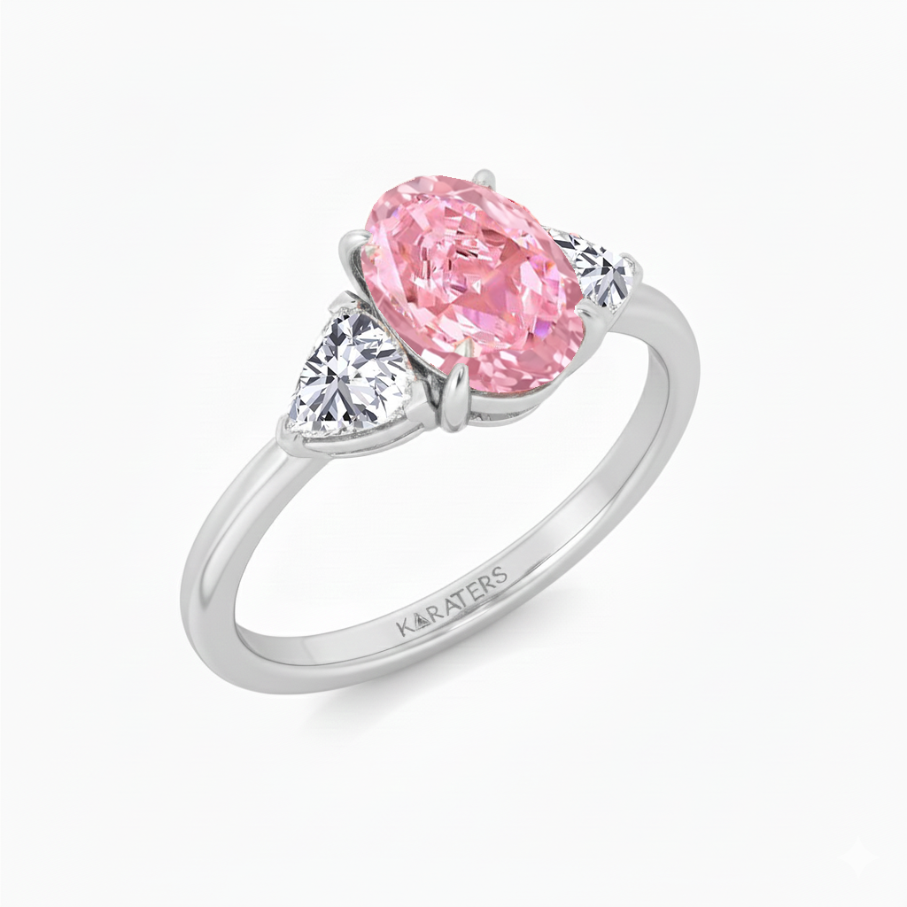 Fancy Pink Oval Shape Lab Grown Diamond Three Stone Engagement Ring WG 2