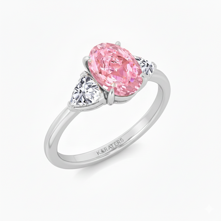 Fancy Pink Oval Shape Lab Grown Diamond Three Stone Engagement Ring WG 2