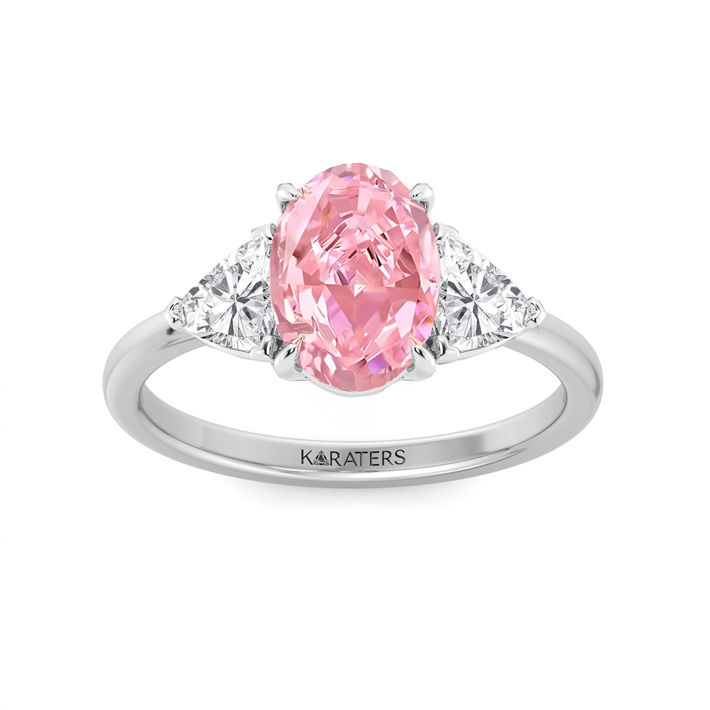 Fancy Pink Oval Shape Lab Grown Diamond Three Stone Engagement Ring WG 3