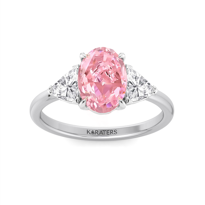 Fancy Pink Oval Shape Lab Grown Diamond Three Stone Engagement Ring WG 3