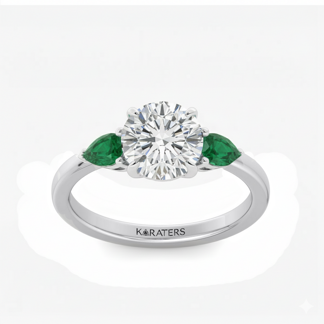 Round Lab Diamond with Pear Shape Emerald Side Stone front view