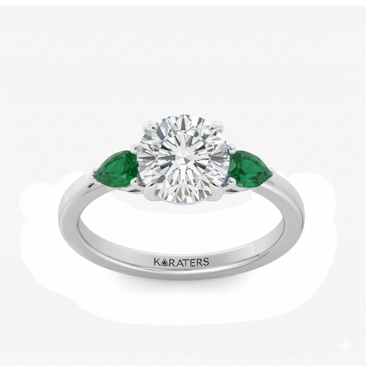 Round Lab Diamond with Pear Shape Emerald Side Stone front view