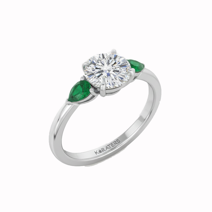 White gold Round Lab Diamond with Pear Shape Emerald Side Stone side view