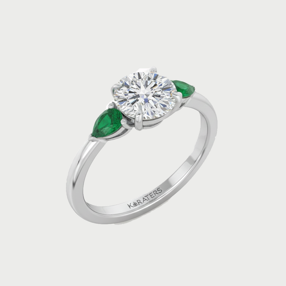White Gold Round Lab Diamond with Pear Shape Emerald Side Stone 
